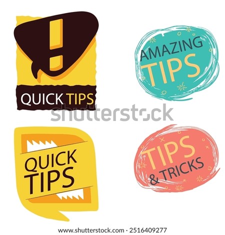 Quick tips label vector set modern style for tooltip badge, solution and advice banner, helpful tricks, useful information sticker, education tag, hint, new knowledge and study practice. 10 eps