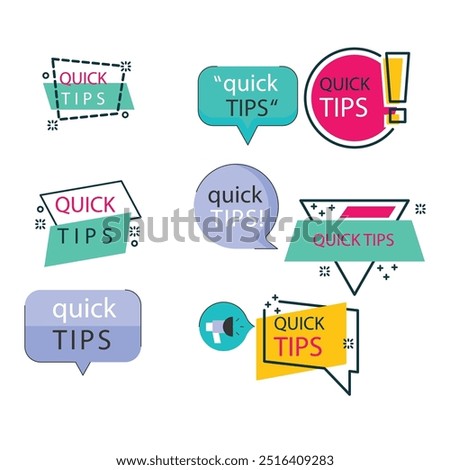 Quick tips label vector set modern style for tooltip badge, solution and advice banner, helpful tricks, useful information sticker, education tag, hint, new knowledge and study practice. 10 eps