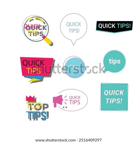 Quick tips label vector set modern style for tooltip badge, solution and advice banner, helpful tricks, useful information sticker, education tag, hint, new knowledge and study practice. 10 eps