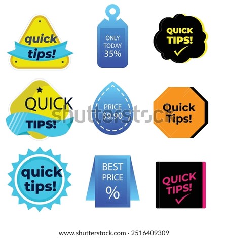 Quick tips label vector set modern style for tooltip badge, solution and advice banner, helpful tricks, useful information sticker, education tag, hint, new knowledge and study practice. 10 eps