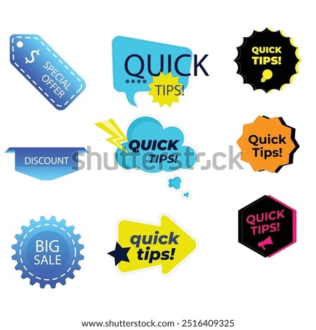 Quick tips label vector set modern style for tooltip badge, solution and advice banner, helpful tricks, useful information sticker, education tag, hint, new knowledge and study practice. 10 eps