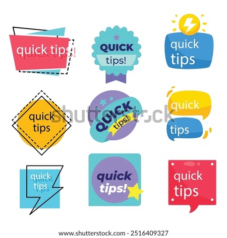 Quick tips label vector set modern style for tooltip badge, solution and advice banner, helpful tricks, useful information sticker, education tag, hint, new knowledge and study practice. 10 eps