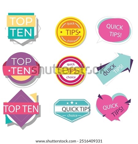 Quick tips label vector set modern style for tooltip badge, solution and advice banner, helpful tricks, useful information sticker, education tag, hint, new knowledge and study practice. 10 eps