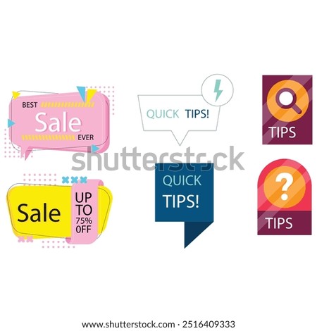 Quick tips label vector set modern style for tooltip badge, solution and advice banner, helpful tricks, useful information sticker, education tag, hint, new knowledge and study practice. 10 eps