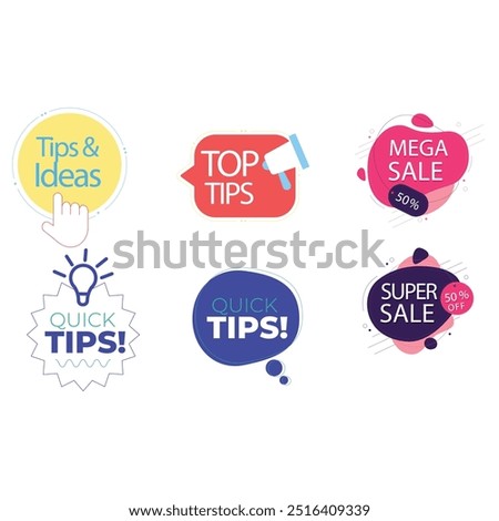 Quick tips label vector set modern style for tooltip badge, solution and advice banner, helpful tricks, useful information sticker, education tag, hint, new knowledge and study practice. 10 eps