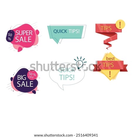 Quick tips label vector set modern style for tooltip badge, solution and advice banner, helpful tricks, useful information sticker, education tag, hint, new knowledge and study practice. 10 eps