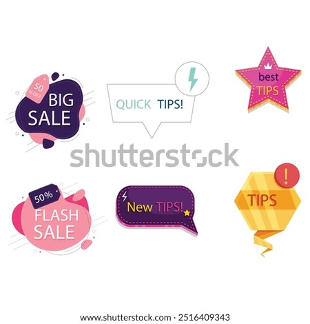 Quick tips label vector set modern style for tooltip badge, solution and advice banner, helpful tricks, useful information sticker, education tag, hint, new knowledge and study practice. 10 eps