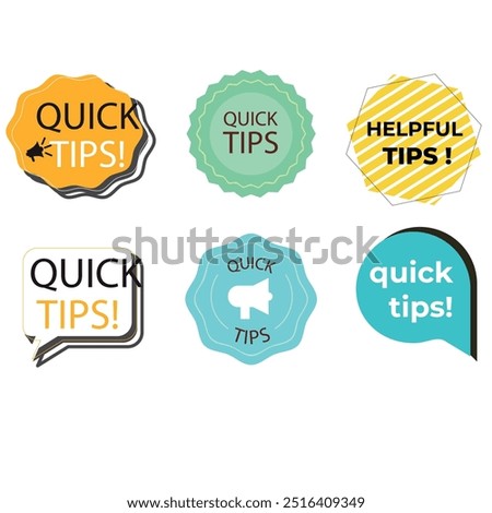 Quick tips label vector set modern style for tooltip badge, solution and advice banner, helpful tricks, useful information sticker, education tag, hint, new knowledge and study practice. 10 eps