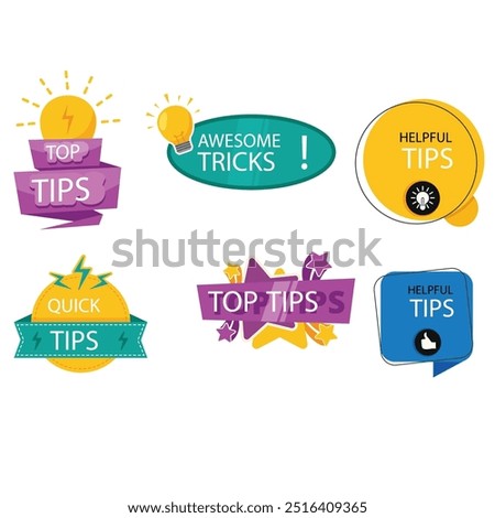 Quick tips label vector set modern style for tooltip badge, solution and advice banner, helpful tricks, useful information sticker, education tag, hint, new knowledge and study practice. 10 eps