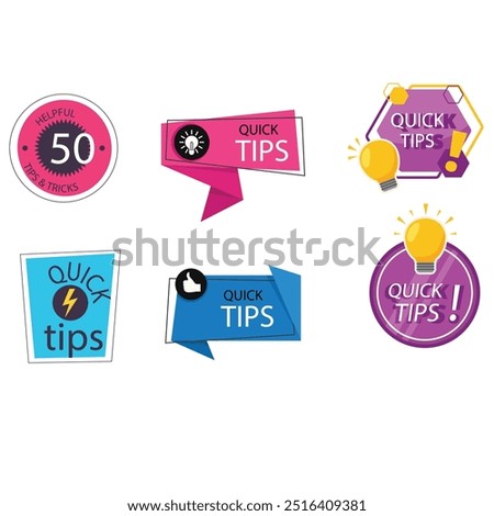 Quick tips label vector set modern style for tooltip badge, solution and advice banner, helpful tricks, useful information sticker, education tag, hint, new knowledge and study practice. 10 eps