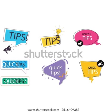 Quick tips label vector set modern style for tooltip badge, solution and advice banner, helpful tricks, useful information sticker, education tag, hint, new knowledge and study practice. 10 eps