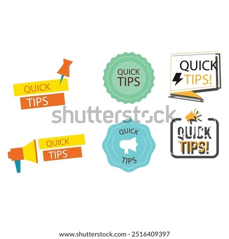 Quick tips label vector set modern style for tooltip badge, solution and advice banner, helpful tricks, useful information sticker, education tag, hint, new knowledge and study practice. 10 eps