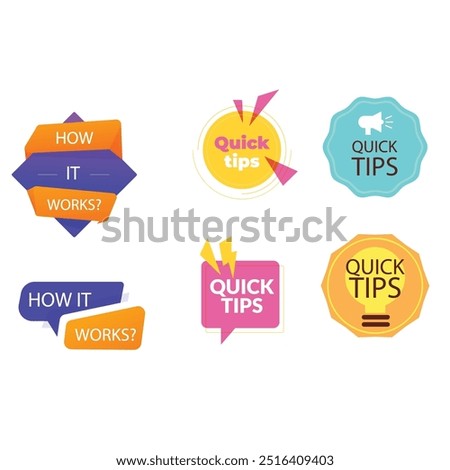 Quick tips label vector set modern style for tooltip badge, solution and advice banner, helpful tricks, useful information sticker, education tag, hint, new knowledge and study practice. 10 eps