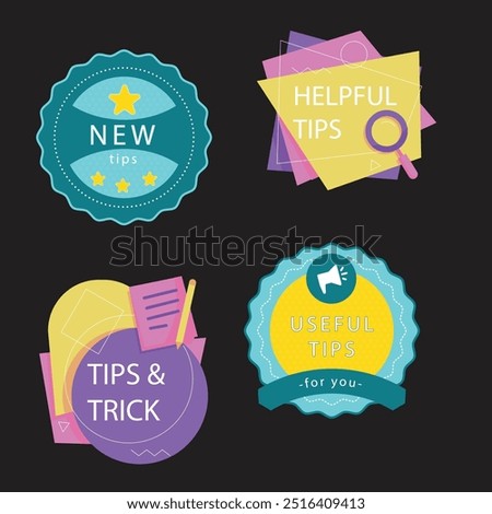 Quick tips label vector set modern style for tooltip badge, solution and advice banner, helpful tricks, useful information sticker, education tag, hint, new knowledge and study practice. 10 eps