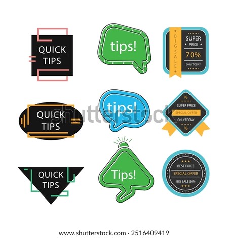 Quick tips label vector set modern style for tooltip badge, solution and advice banner, helpful tricks, useful information sticker, education tag, hint, new knowledge and study practice. 10 eps