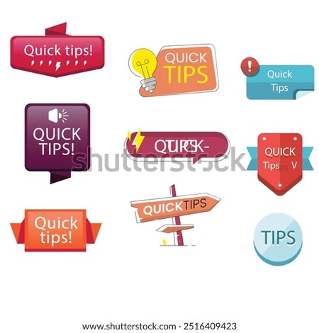 Quick tips label vector set modern style for tooltip badge, solution and advice banner, helpful tricks, useful information sticker, education tag, hint, new knowledge and study practice. 10 eps