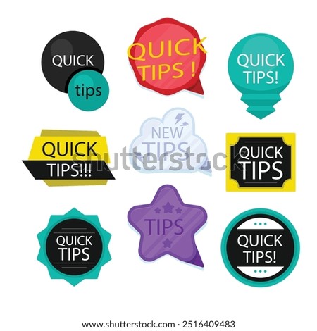 Quick tips label vector set modern style for tooltip badge, solution and advice banner, helpful tricks, useful information sticker, education tag, hint, new knowledge and study practice. 10 eps