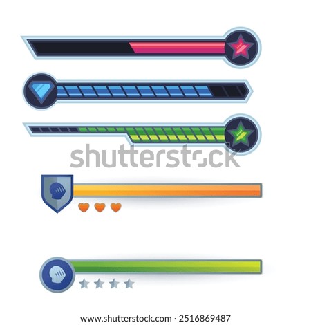 Game health bar. UI asset for video game, energy indicator for mobile web and desktop, potion and heals indicator, wealth and energy bar. Vector colorful set of game bar interface design illustration