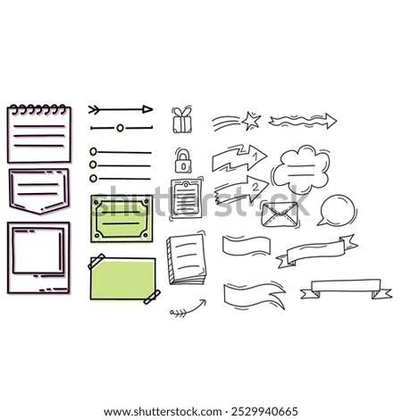 Hand drawn bullet journal elements for notebook, diary, sketchbook. Set of doodle notes, stickers, bunting flags, borders, frames, heading templates. Outline sketch vector illustration