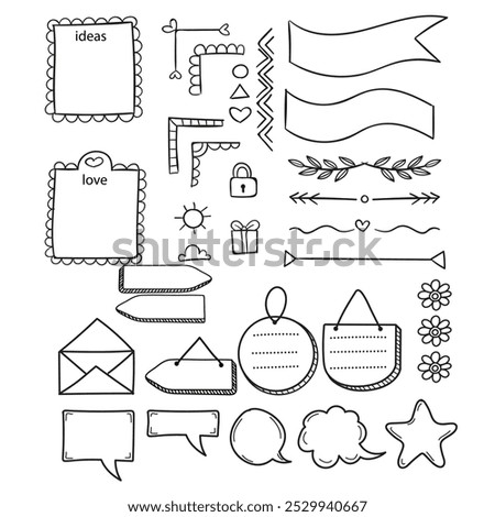 Hand drawn bullet journal elements for notebook, diary, sketchbook. Set of doodle notes, stickers, bunting flags, borders, frames, heading templates. Outline sketch vector illustration