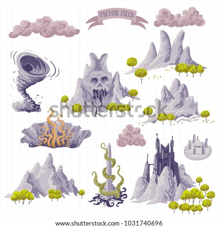 Fantasy Adventure map elements and colorful doodle hand draw in vector illustration isolated on white background
