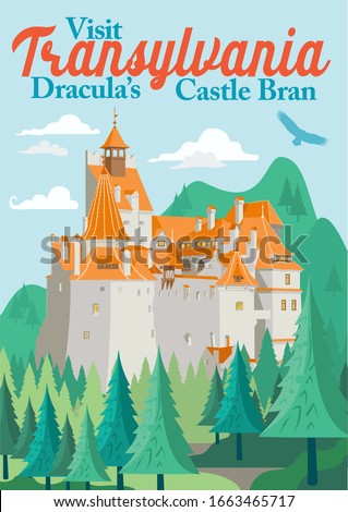 Travel Poster Visit Transylvania tourism in Europe, Romania, Bran castle vacation, Dracula home, vampire trip