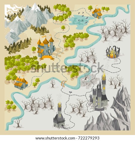 Fantasy Adventure map elements with colorful doodle hand draw in vector illustration - map set2