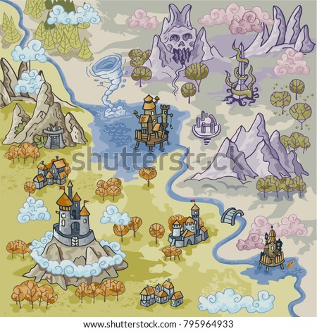 Fantasy Advernture map elements with colorful doodle hand draw in vector illustration - map3 part2