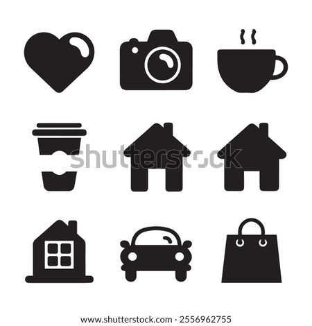 This is a compilation icon set of basic and standard icons often used, such as a house, person, car, coffee cup, heart, shopping bag, TV, smartphone, light, camera, globe, comment, and dollar sign.