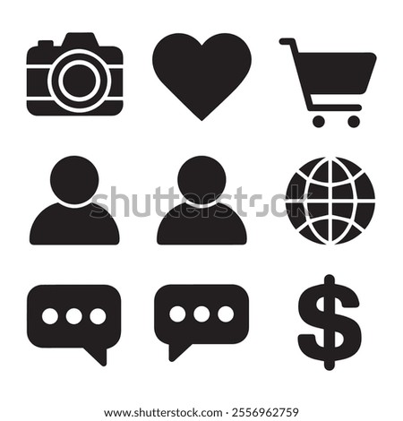 This is a compilation icon set of basic and standard icons often used, such as a house, person, car, coffee cup, heart, shopping bag, TV, smartphone, light, camera, globe, comment, and dollar sign.