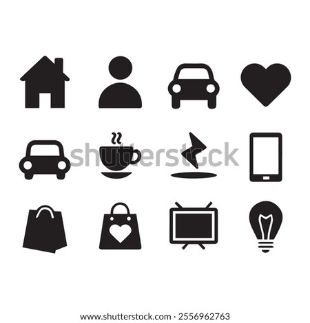 This is a compilation icon set of basic and standard icons often used, such as a house, person, car, coffee cup, heart, shopping bag, TV, smartphone, light, camera, globe, comment, and dollar sign.