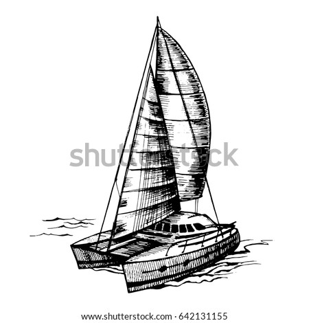 Catamaran sailboat monochrome vector sketch with stylized waves. Sea summer regatta  yachting extreme sports race, floating on the water surface.