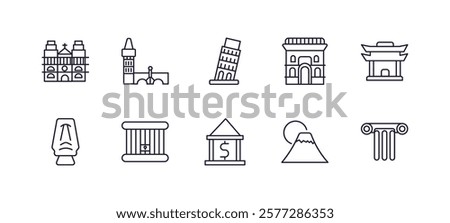 editable outline icons set. thin line icons from buildings collection. linear icons such as notre dame, charles bridge, arc de triomphe, chinese temple, reserve bank, greece