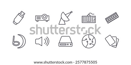 editable outline icons set. thin line icons from hardware collection. linear icons such as usb flash, video projector, keyboard wire, random access memory, local disk, flash card