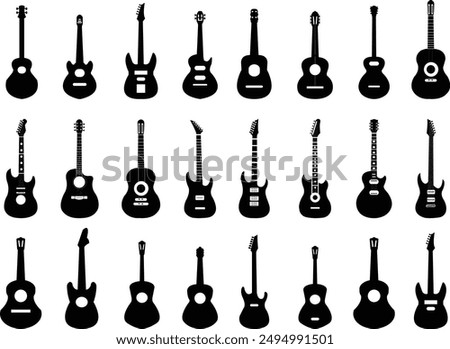 Guitars silhouette vector arts illustration. Black electric and acoustic music instrument, rock jazz guitar silhouette, music band guitars vector illustration icons set Pro Vector