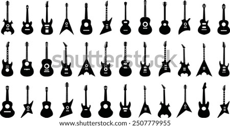 Guitars silhouette vector arts illustration. Black electric and acoustic music instrument, rock jazz guitar silhouette, music band guitars vector illustration icons set Pro Vector