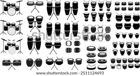 Drums silhouette vector arts illustration. Black electric and acoustic, bass, Cartoon music instrument, rock, jazz drums, Tambourine silhouette, music band drums set of Black colors vector icons.