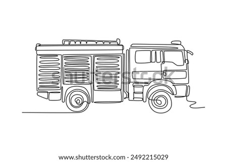 Firefighters with firefighting equipment concept. Single line draw design vector graphic illustration.