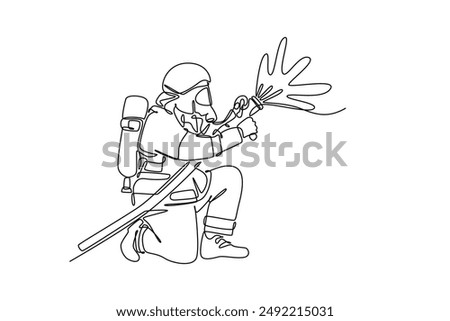 Firefighters with firefighting equipment concept. Single line draw design vector graphic illustration.