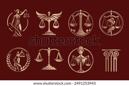 Collection of justice logos, scales and woman, law logo, lawyers and law