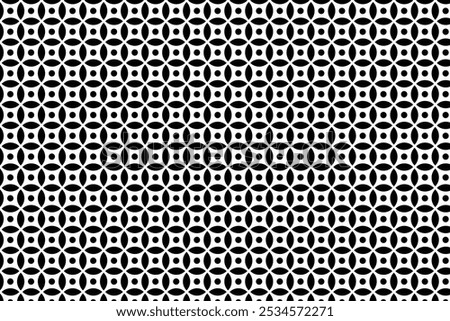 Repeated black figures on white background. Geometric wallpaper. Seamless surface pattern design with convex hexagons and regular squares. Tiles motif. Digital paper for textile print. Vector art.