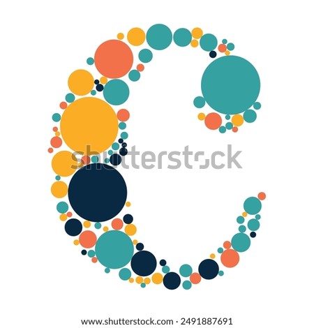 Alphabet C made of colored dots and filled with circles, small letters, and vectors.