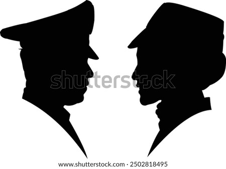 black and white vector silhouette of police and police woman facing side view