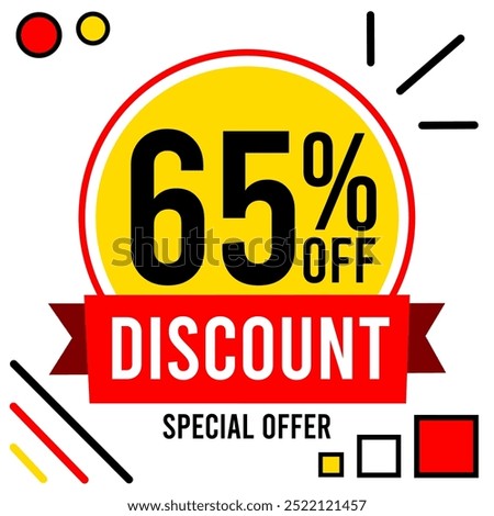 65% off discount sixty five percent off discount 65%off Promotions with black and white numbers, yellow ball, circle and red, black and yellow designs.eps