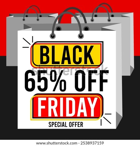 Black Friday 65% off sixty five percent off 65%off special offer Black and red background Letters numbers drawings bags white bags black red yellow gray shadows friday.eps