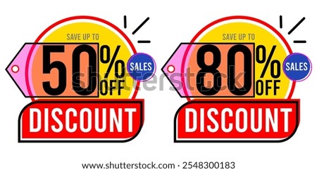 50% off 80% off discount Save up to Sales 50%off 80%off fifty percent off eighty percent off 50 % 80 % with letters numbers background ball circles red yellow blue Black white Gray pink sets.eps