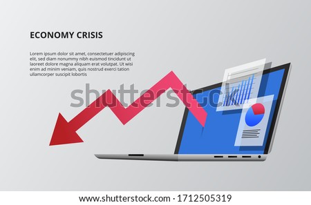 Bearish down economy with red arrow and device open laptop 3D perspective isometric. data infographic data visualization with chart and stats.