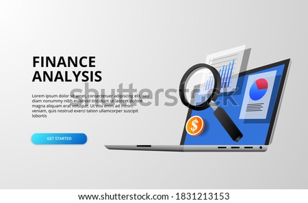 3d finance analysis concept with 3d laptop computer with data chart with magnifying glass