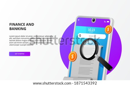 bills payment check audit accounting with 3d phone, money, and magnifying glass