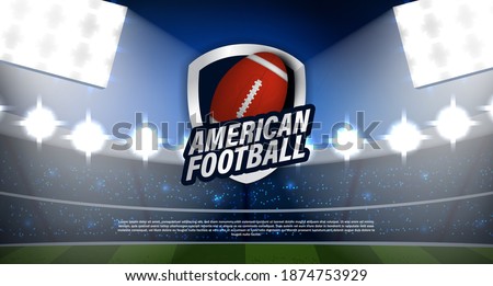 American football or Rugby tournament with ball emblem logo championship with stadium and light vector realistic. for league, championship, winner sport super bowl